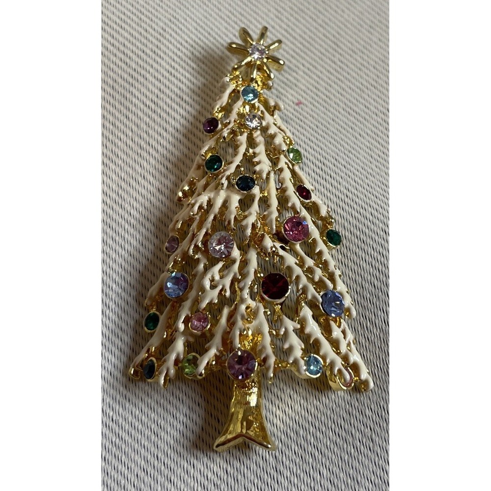 Womens Pendant Gold White Christmas Tree Rhinestone Enamel Holiday Glamour Chic